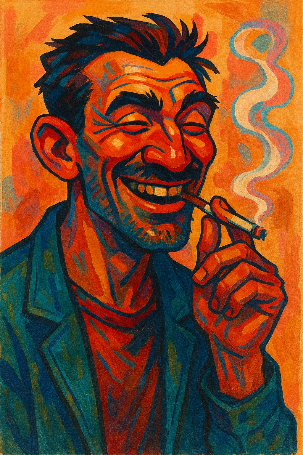 a man smiling and smoking, distinct style, artistic, unique character design emoji