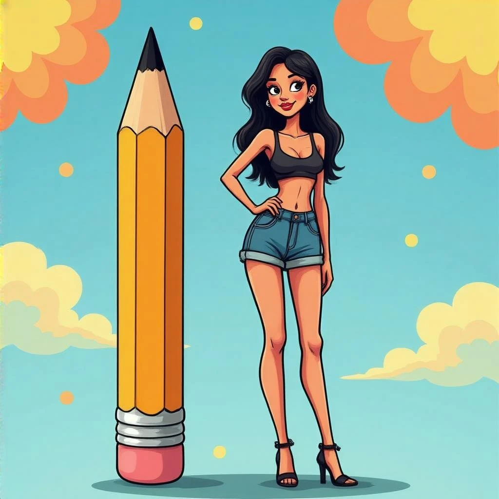a skinny woman standing next to a pencil (cartoon colourful style) emoji