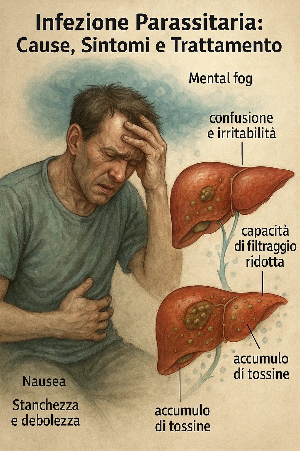 "Man feeling increasingly unwell as his liver fails to filter toxins, nausea, tiredness, and weakness overwhelming him as toxins infiltrate his brain causing confusion and irritability Parasitic Infection: Causes, Symptoms & Treatment, expression of mental fog and physical exhaustion, liver shown as overworked organ with reduced filtration capacity, toxic buildup affecting entire body systems" in italiano emoji