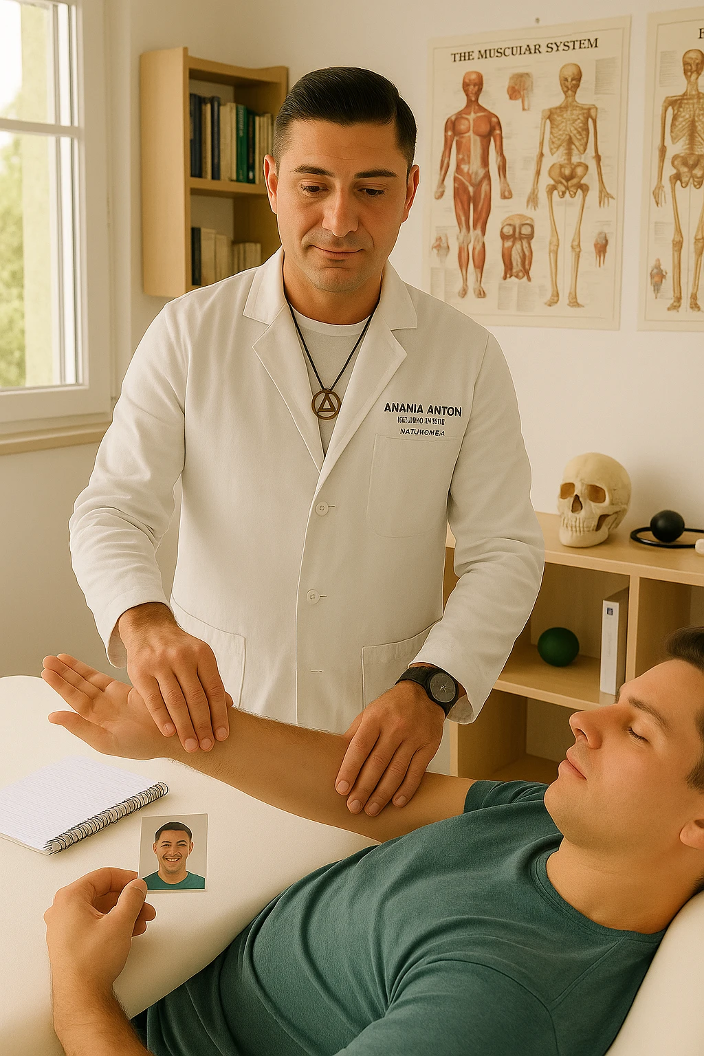 a middle-aged man, dressed in casual professional attire, is in a bright, organized therapy studio. Durante una visita di kinesiologia, il praticante tiene con una mano la foto di una persona lontana (il “testimone”) appoggiata su un tavolo, mentre con l’altra mano esegue un test muscolare su un cliente presente. Sullo sfondo si vedono libri di kinesiologia, poster anatomici e strumenti tipici della disciplina. L’atmosfera è concentrata e serena, con luce naturale che entra dalla finestra, sottolineando l’aspetto alternativo e umano della pratica. emoji