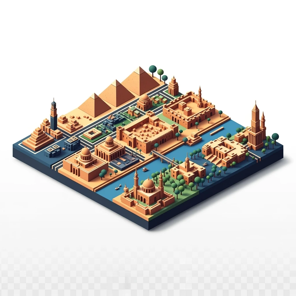Isometric minimalistic illustration of Cairo, subtle 3D miniature effect and Tilt Shift effect, no cartoonish look, transparent background. emoji