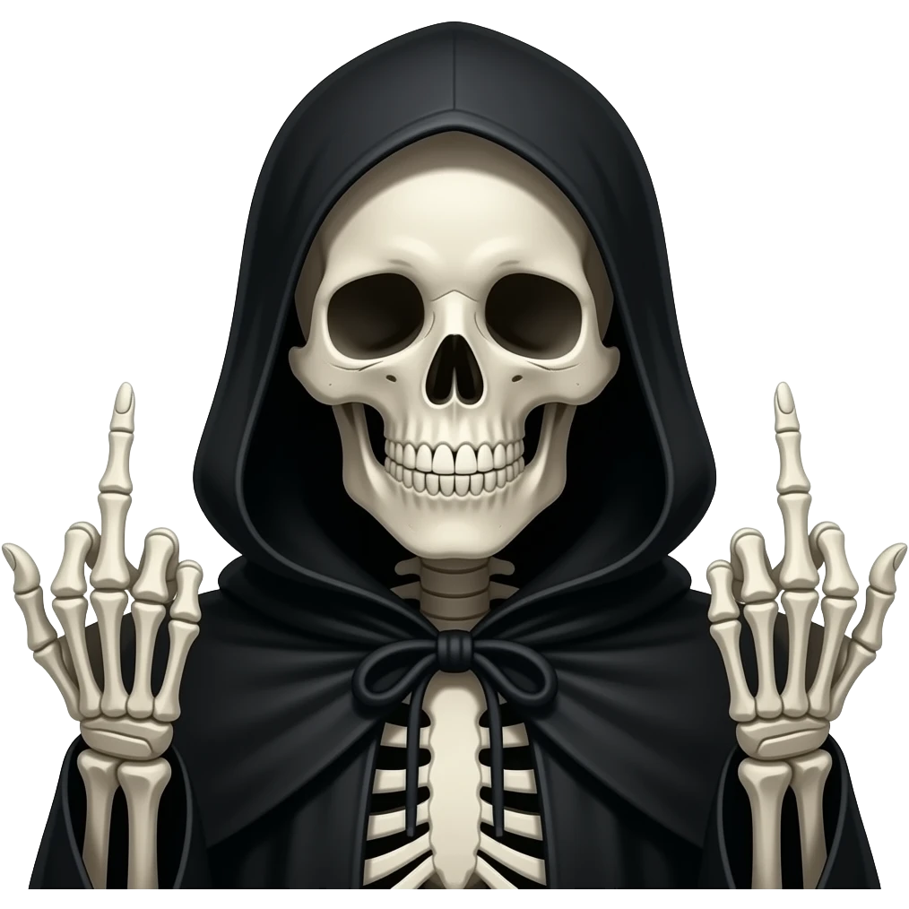 Gothic skeleton with black hood hokding up both jeletal hands showing the middke fingers of both skeletal hands emoji