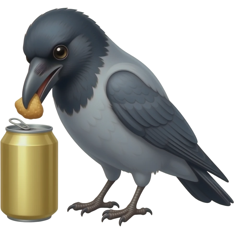 a grey crow eating food from a golden can emoji