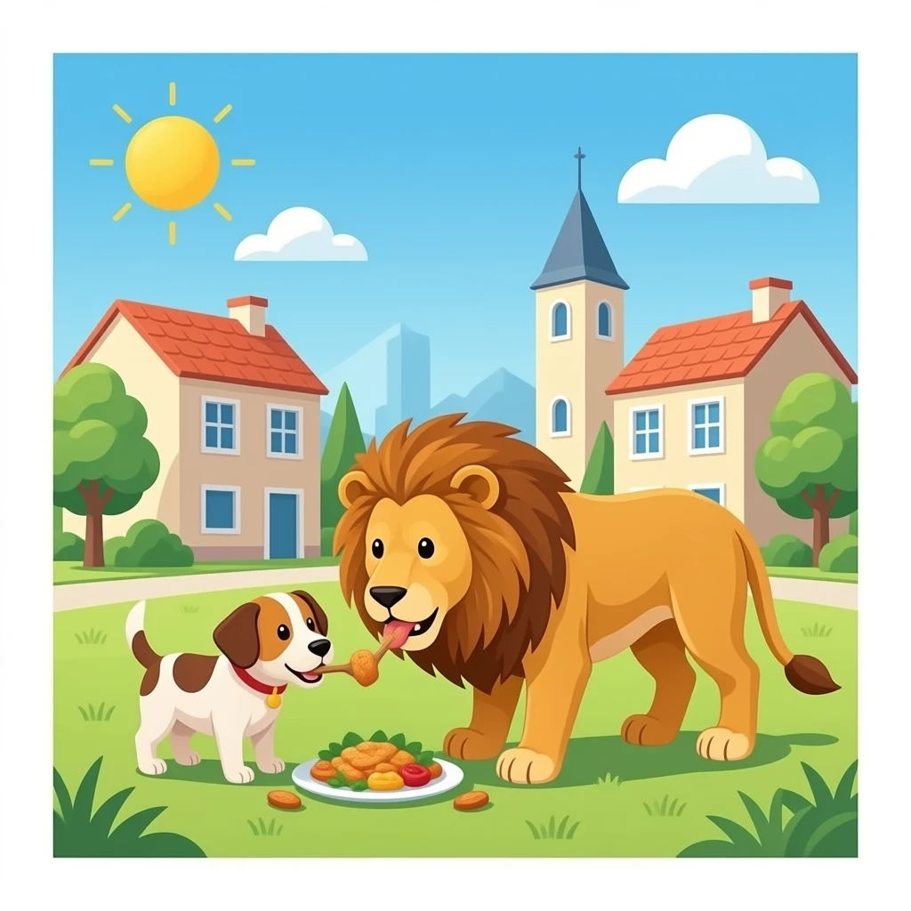 hazme un perro y un leon comiendo por un pueblo emoji