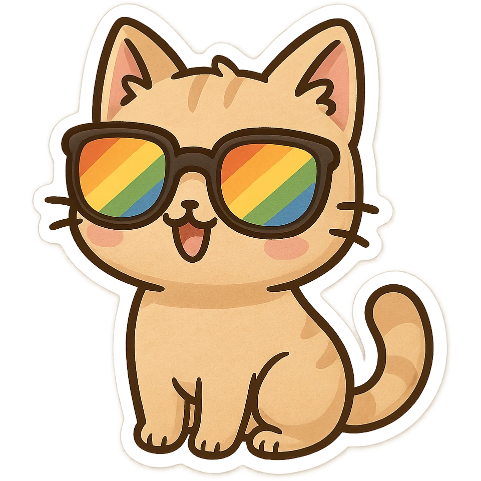chibi sticker-style cat with rainbow sunglasses, pride, cute and exaggerated emoji