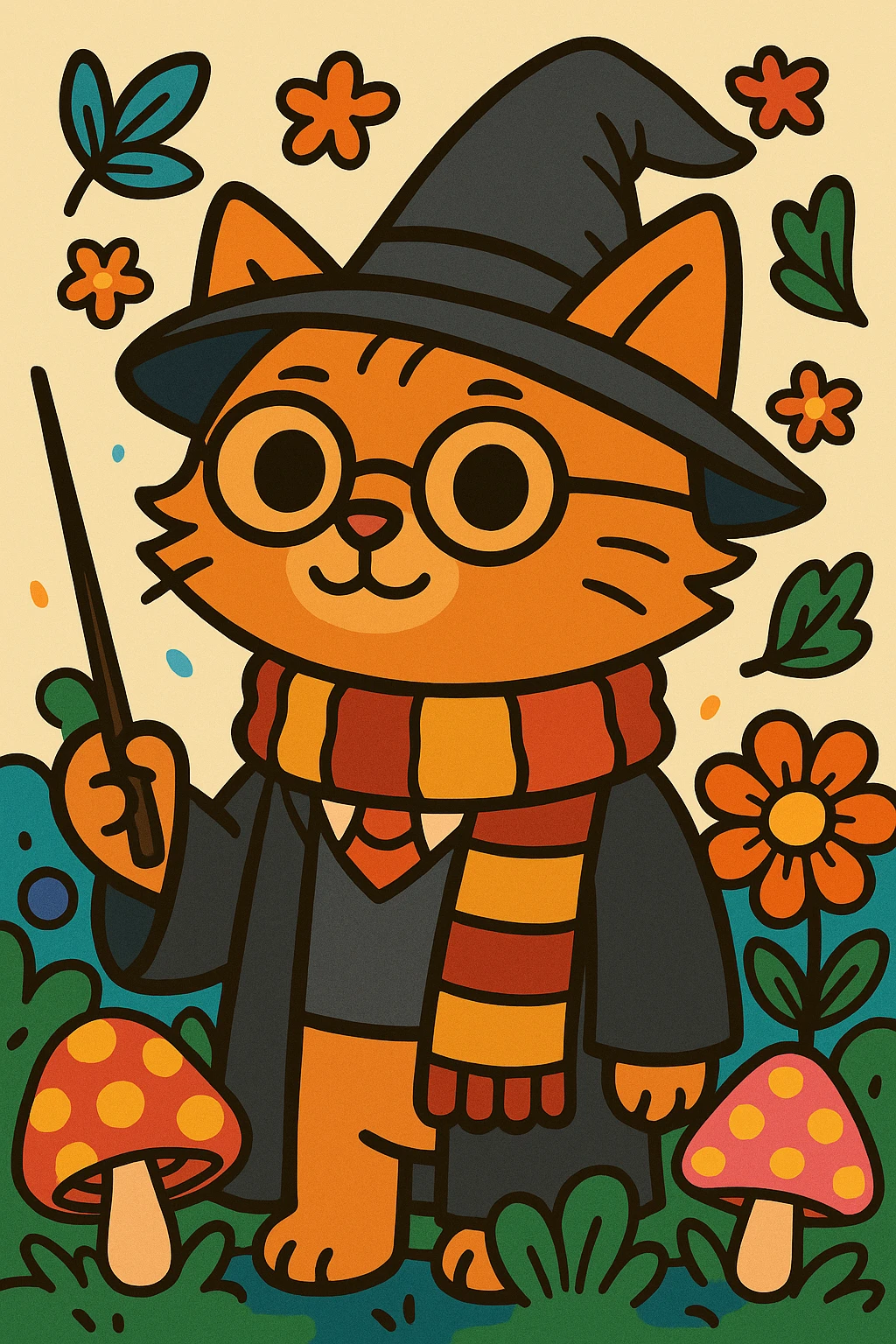 Place the cat in a colorful scene inspired by Bobbie Goods style, with vibrant and playful elements, while maintaining the flat toon cartoon visual style. emoji