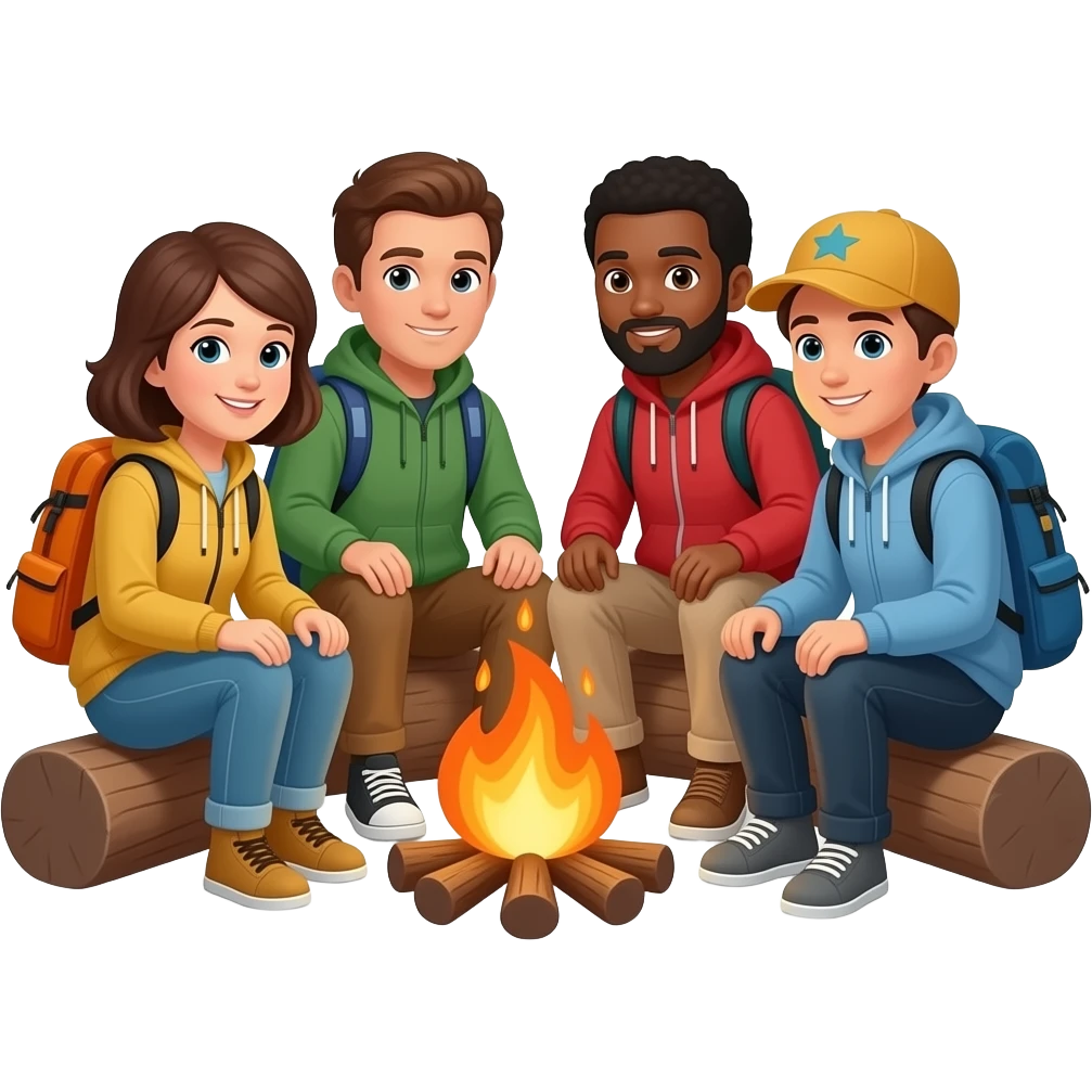race neutral people around a campfire wearing camping clothing not wearing backpacks emoji