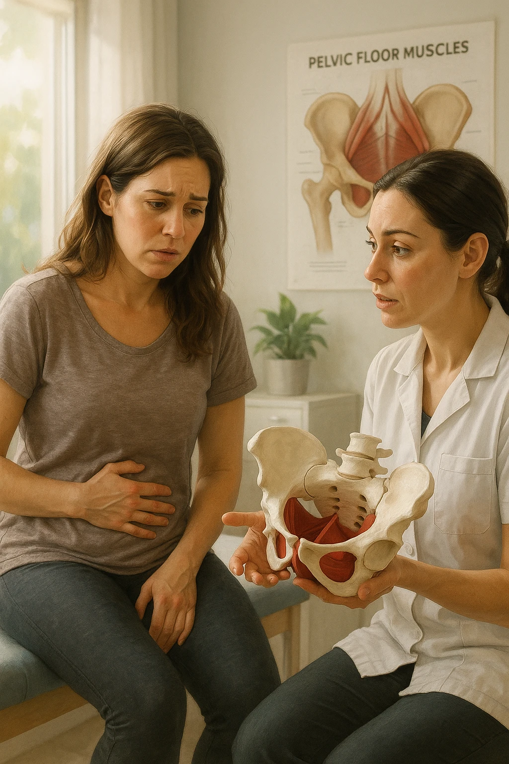 A realistic, cinematic illustration of a woman in her mid-30s with a thoughtful, slightly worried expression, sitting in a bright, modern physiotherapy clinic. She is wearing comfortable leggings and a loose top, with one hand resting gently on her lower abdomen, indicating discomfort. The scene shows a caring female pelvic floor physiotherapist explaining with a pelvis anatomical model, while the woman listens attentively but visibly concerned. In the background, soft natural light enters through the window, and an anatomical poster of pelvic floor muscles is visible on the wall. The environment is warm, clean, and reassuring, emphasizing the sensitivity of pelvic floor disorders while promoting trust and awareness in seeking help emoji