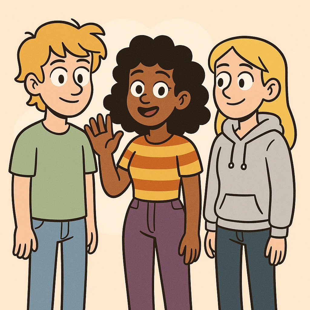 A boy dark yellow hair light green t-shirt white lightfo blue jeans girl brown skin black hair hairstyle curly hair yellow orange stripes top purple trousers girl yellow hair light grey hoodie dark blue jeans a hand hello  emoji