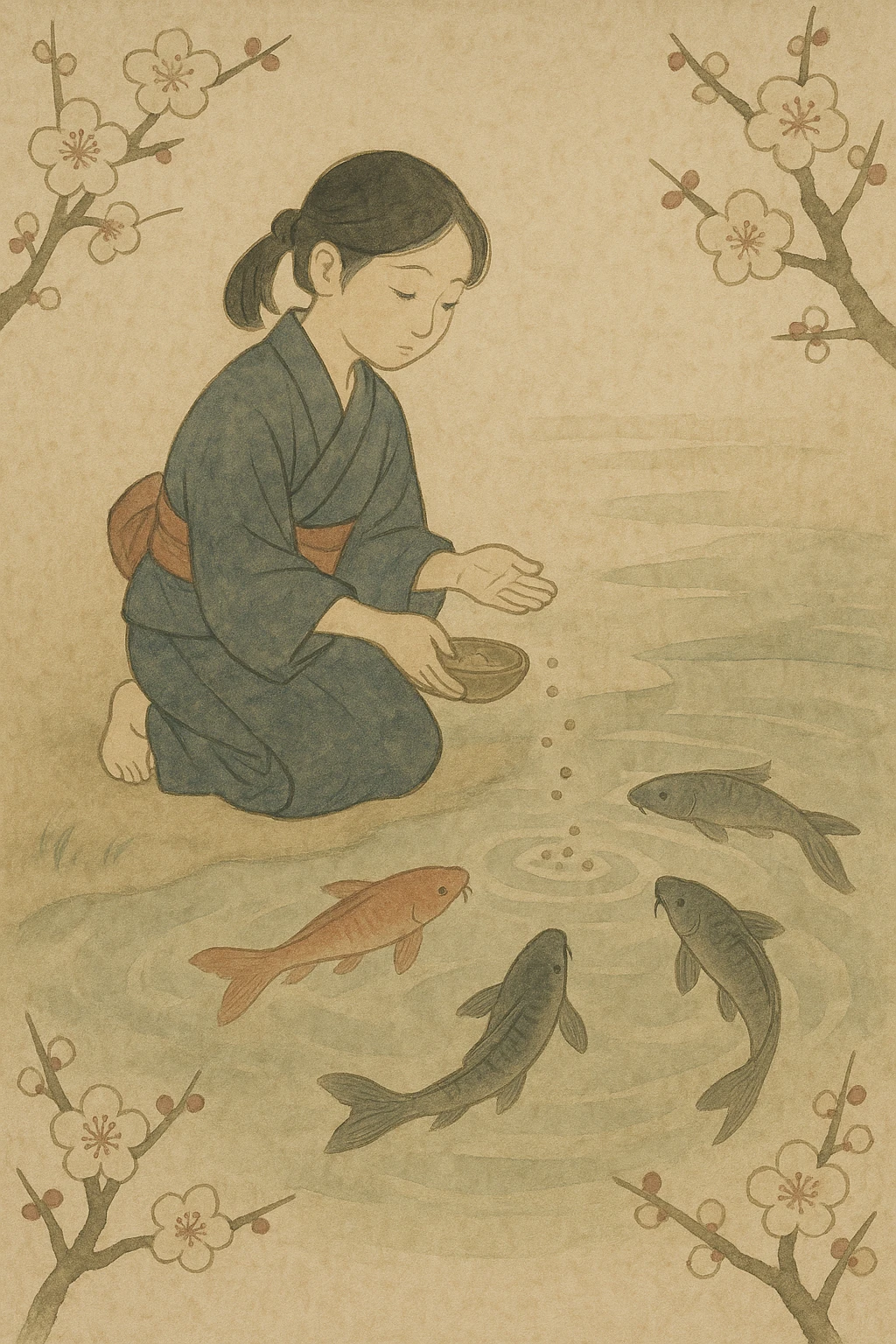girl feeding koi fish in a pond emoji