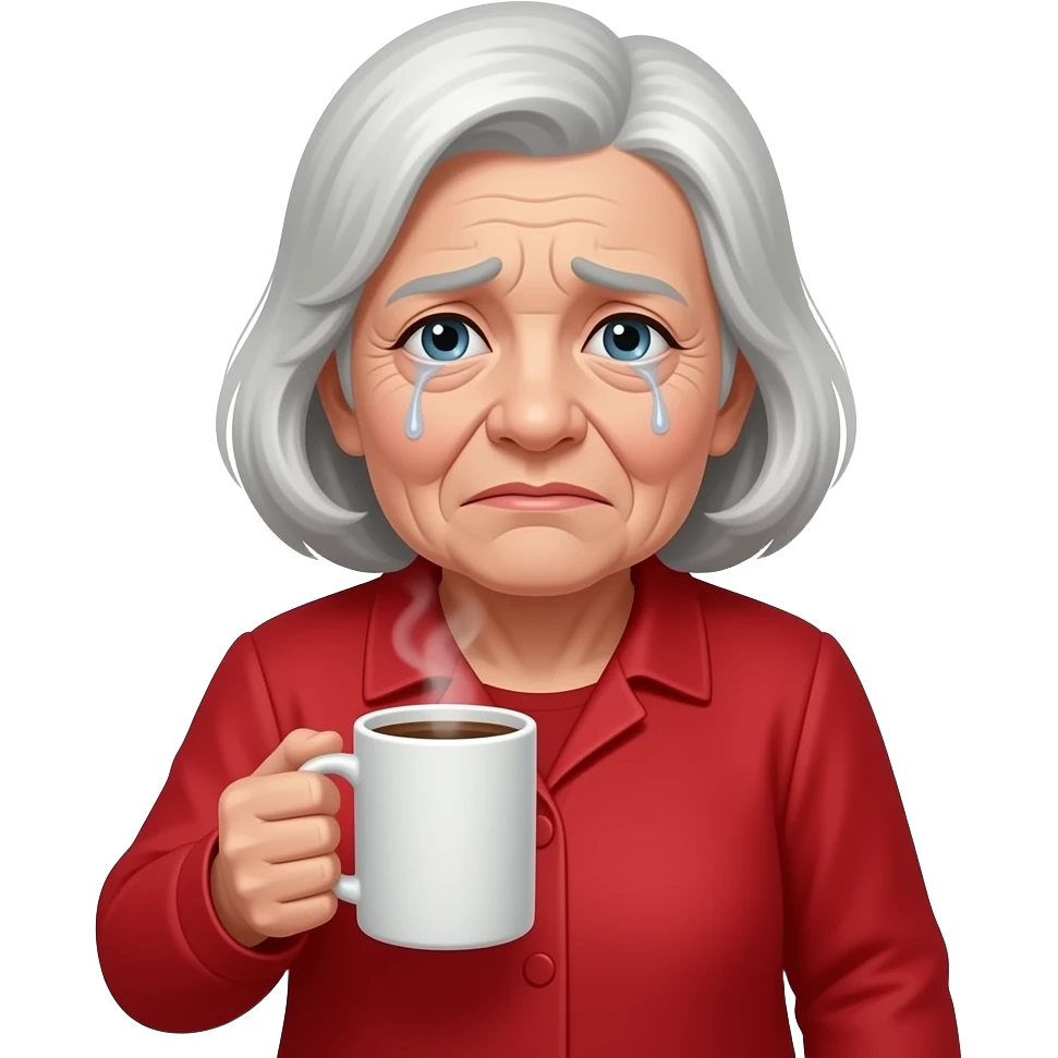 sick old woman in red outfit holding hot drink, looks more sick face emoji