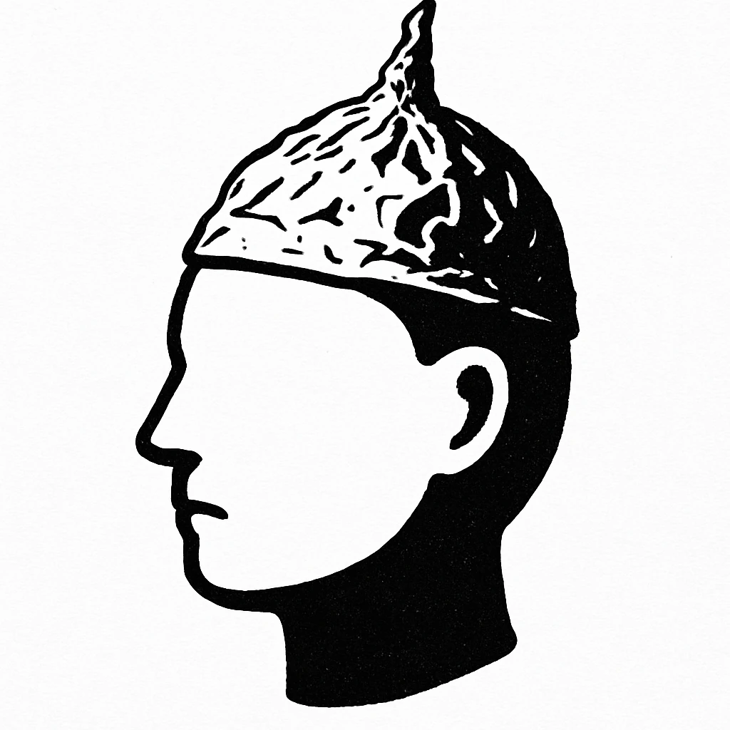 A black and white sphere with a head shape, wearing a small foil hat, stencil style, no shading emoji
