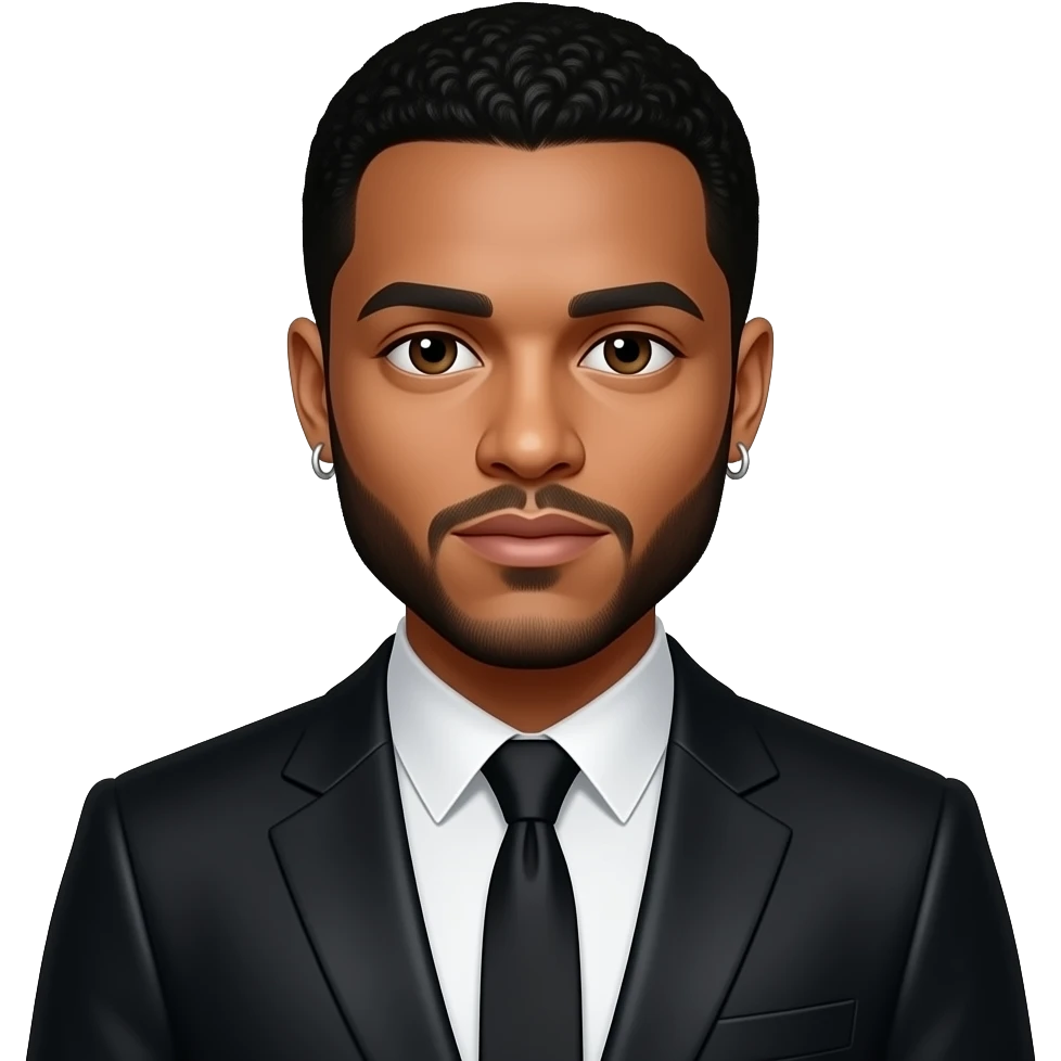 The Weeknd with dark brown eyes, black hair, black shirt and tie, black metallic suit jacket, silver short earrings emoji