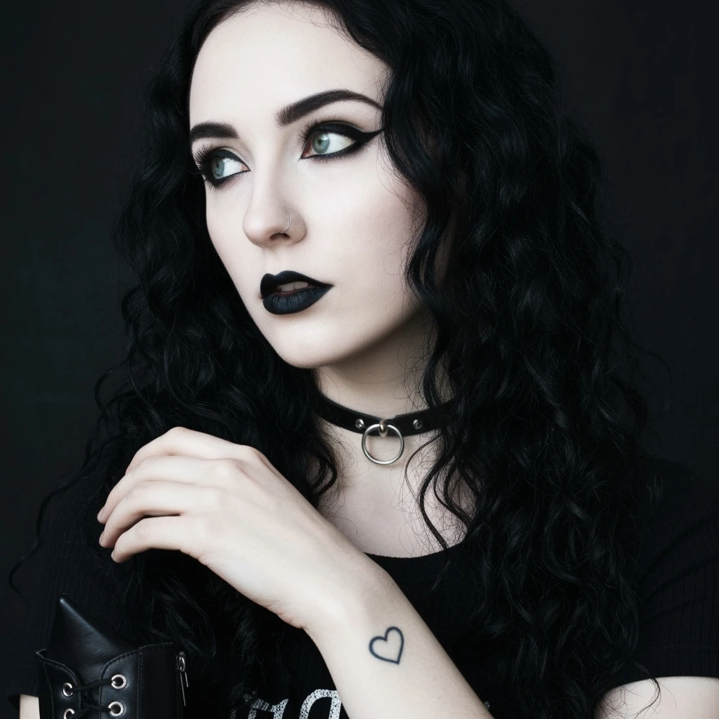 goth profile picture with a heart accent, cute, expressive, minimal, variation 2 emoji
