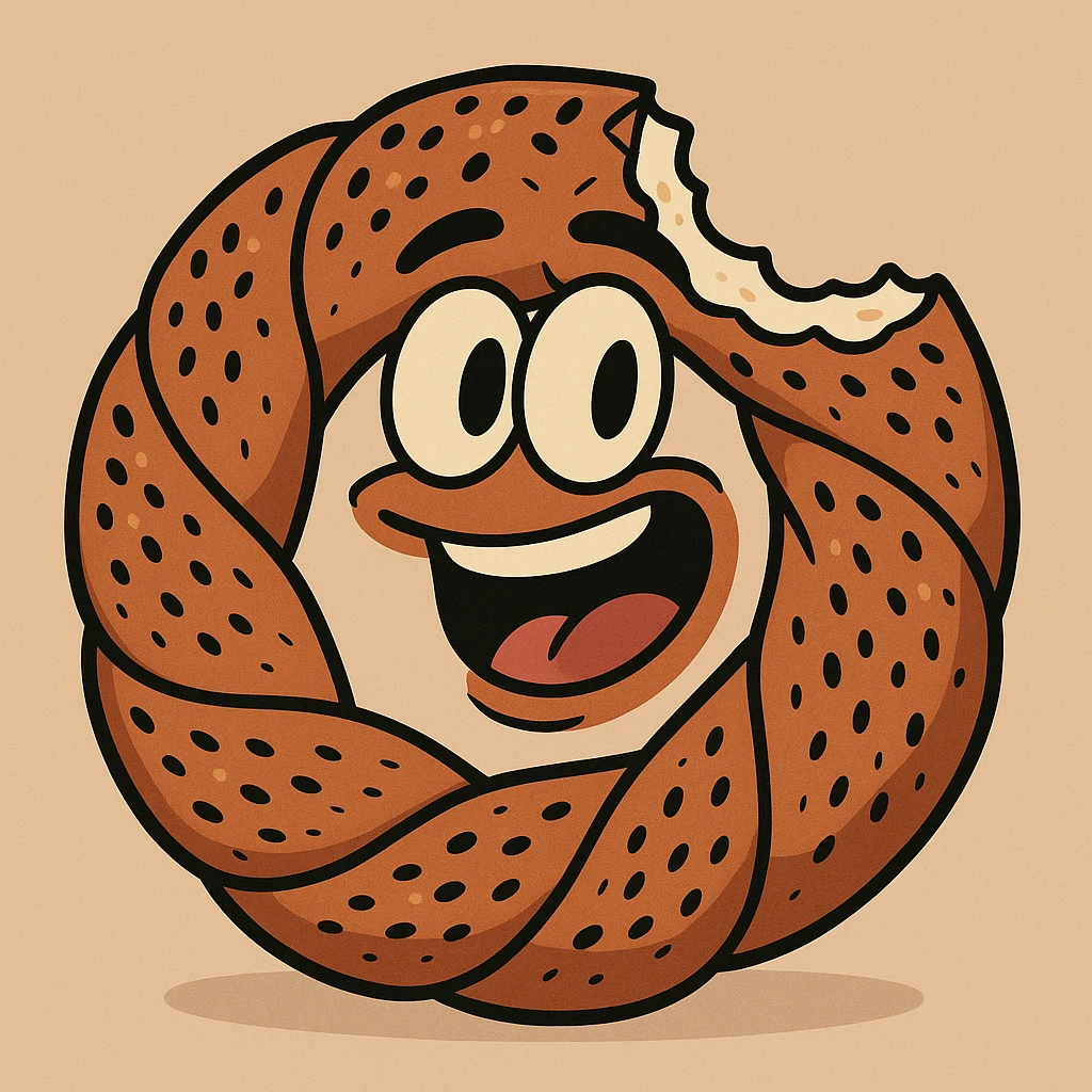 a simit with a bite taken out, flat cartoon style, expressive, fun, and appetizing emoji