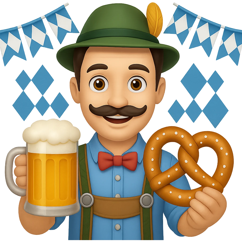 Add Oktoberfest props including a beer stein, pretzel, and blue-and-white decorations to the image. Keep the background transparent. The style should be consistent with the original image. emoji