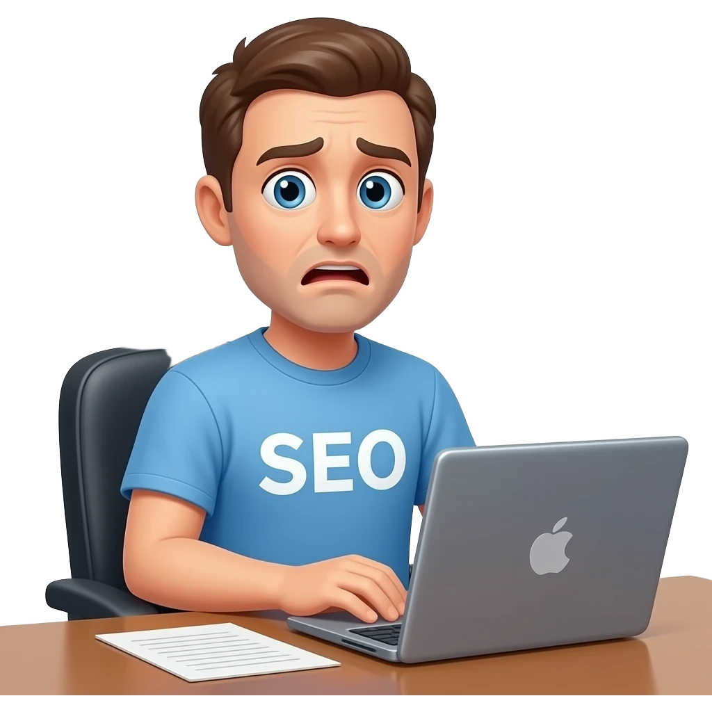 Scared man with a laptop and a shirt that says "SEO" in a meeting emoji