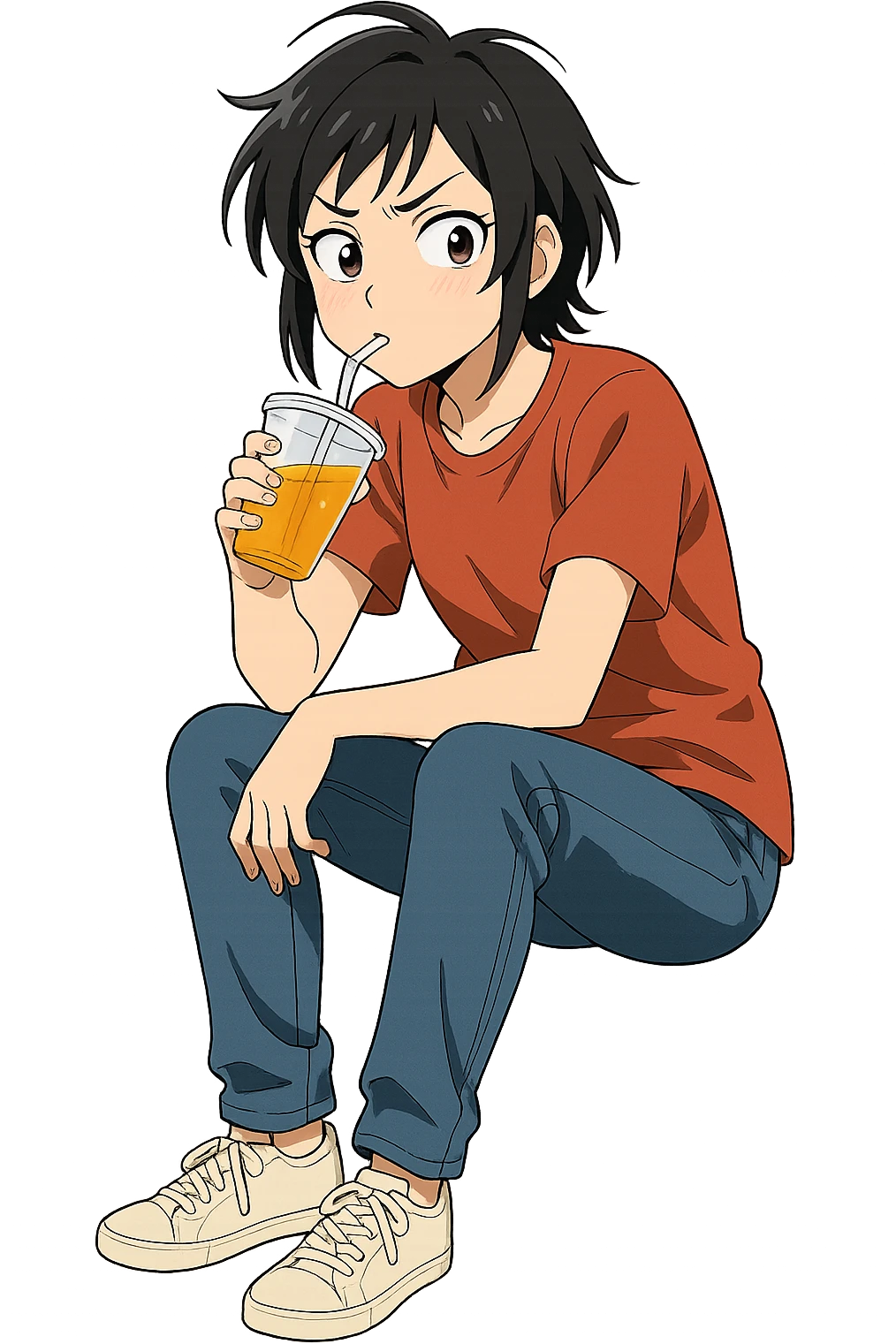 Kitsui Akira sipping a drink, full body, casual pose, expressive face, modern anime style, clean lines, vibrant colors emoji