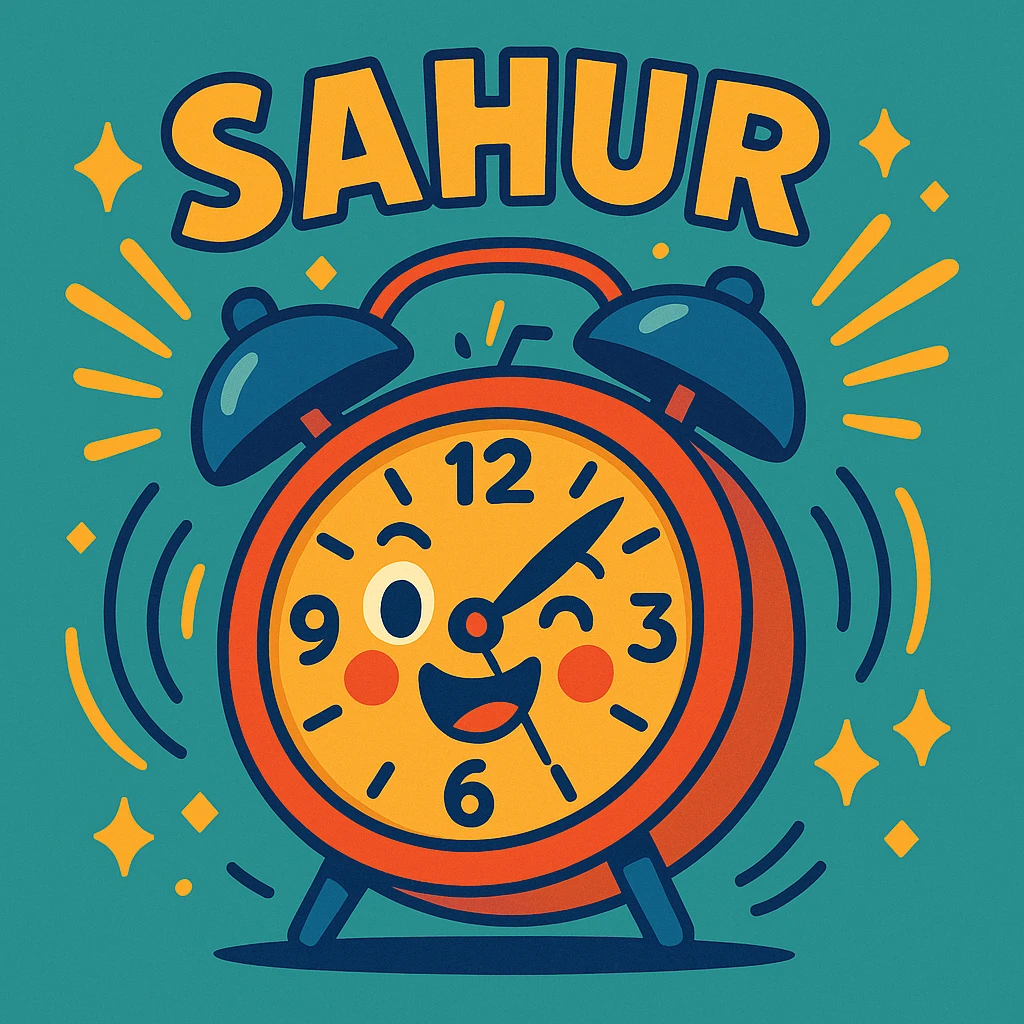 cheerful cartoon alarm clock ringing with the words 'Sahur' in a festive Ramadan style, vibrant colors, energetic motion lines, joyful mood emoji