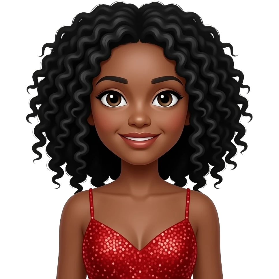 Fille au cheuveux bouclé noir avec une robe a paillettes rouge emoji