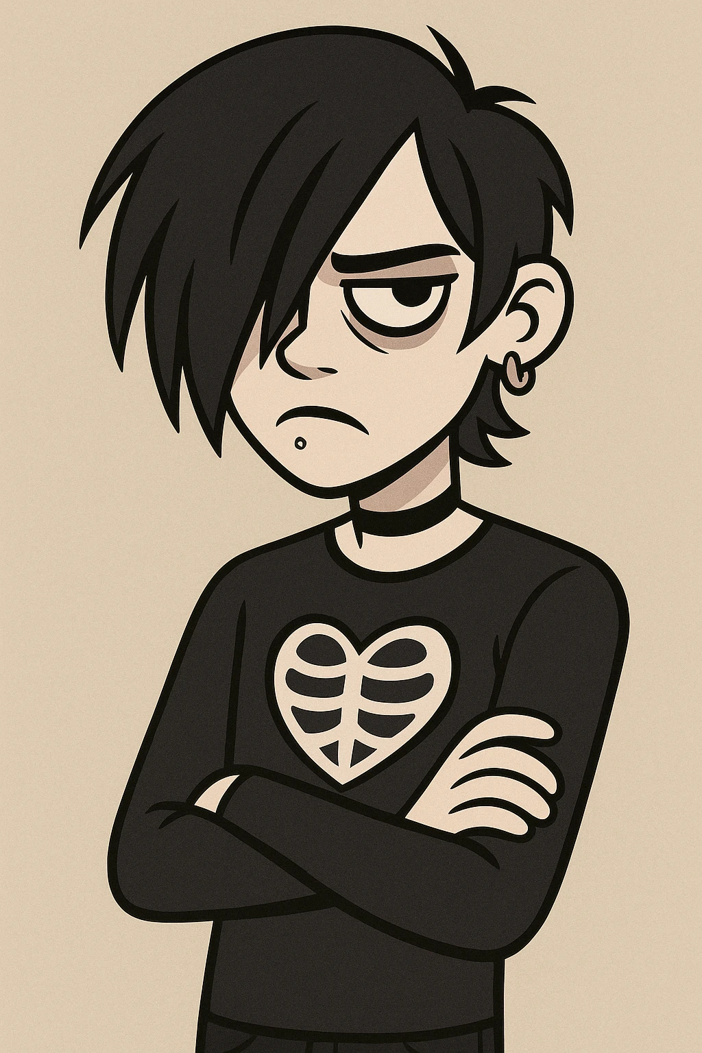 emo teen with dark hair covering one eye, expressive, moody, subtle piercings, pale skin, black clothing, minimal background emoji