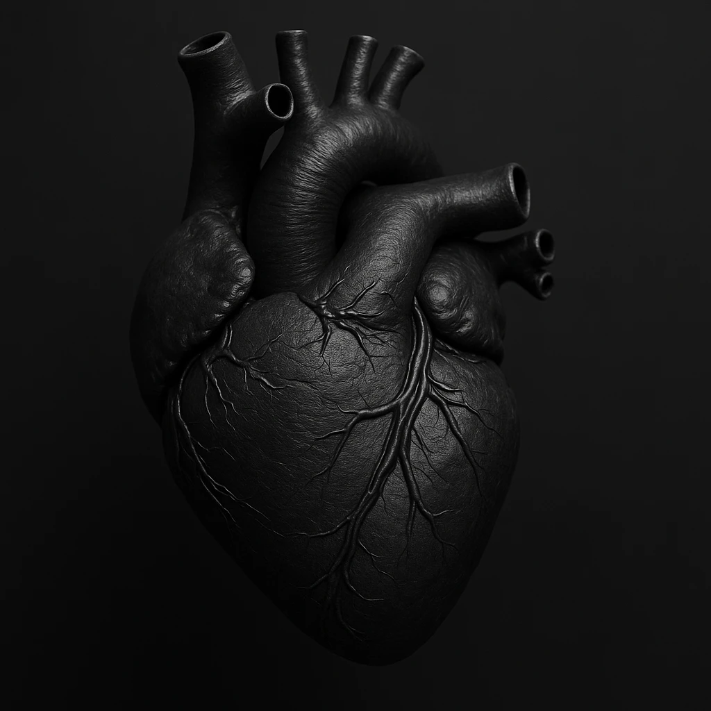 anatomically correct human heart, black color, realistic, no text emoji