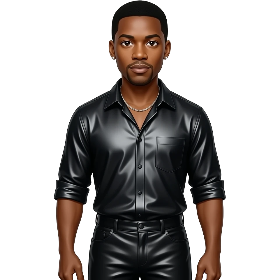 Denzel Washington with dark brown eyes, black hair, black metallic shirt, black metallic baggy pants, silver necklace and short earrings emoji