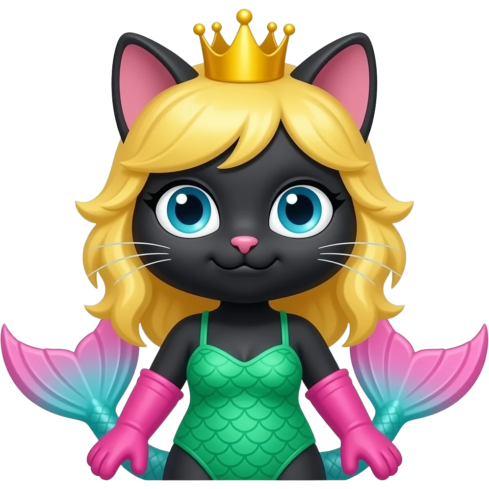 black anthro cat #B8FFFF merman tail with pink fins and long pink gloves  yellow hair crown green swimsuit emoji