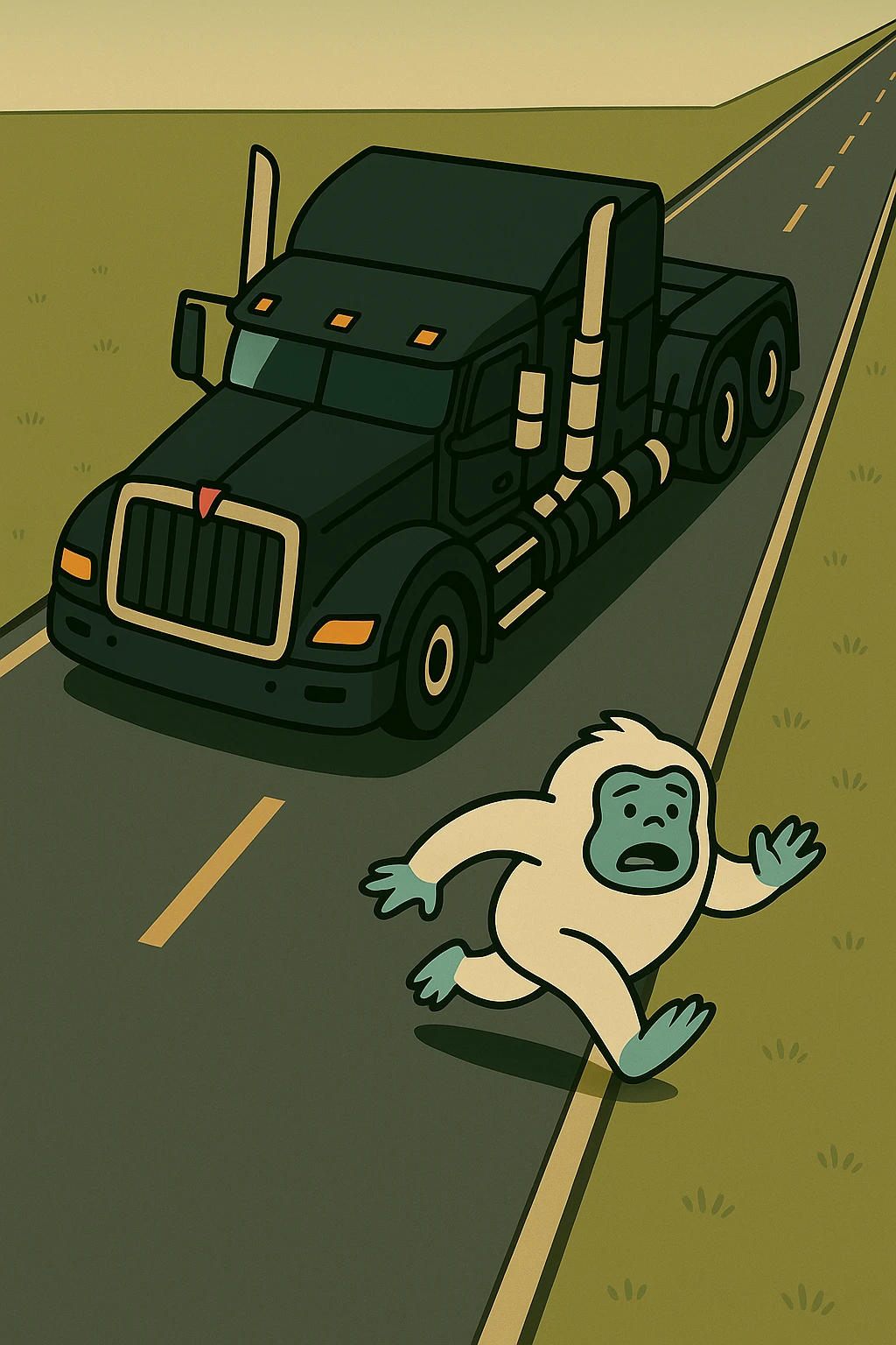 Place the tiny abominable snowman directly on a long road in front of the black 2026 Kenworth W680 flat top semi sleeper, top-down cartoon style, no text, make the road much longer. emoji