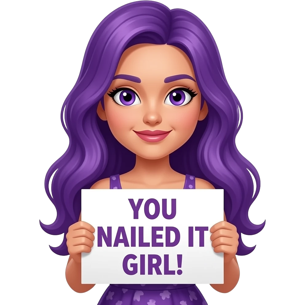 sexy girl with long purple hair and purple eyes wearing a dress holding a YOU NAILED IT GIRL! sign emoji