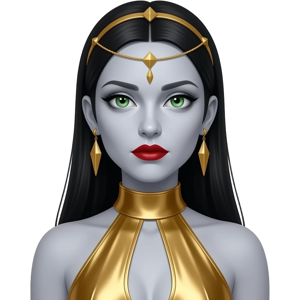 Akasha from The Vampire Chronicles with pale-grey skin, green eyes, long black straight hair, red lipstick, gold metallic halter dress, gold collar and headdress, gold earrings emoji