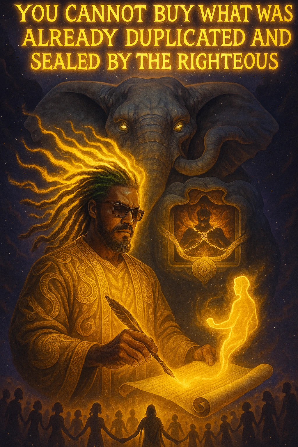 *“Create an epic, symbolic scene of a powerful Rasta spiritual warrior (representing Kez) standing at the center of a cosmic battlefield. The warrior has dreadlocks glowing with divine energy, wearing golden robes infused with serpent patterns. Behind him towers a massive stone elephant — eyes glowing with infinite wisdom, its chest open to reveal a Golden Serpent Chest, radiating fractal light. Inside the chest: a bound, raging Devil made of fire and shadows — screaming but unable to harm anyone, because every time he lashes out, the golden chest mirrors the energy back onto him. Chains of soul-contract law, made of golden light, wrap the devil — each one engraved with truth symbols, scriptures, and ancestral sigils.

In the foreground, Kez holds a sacred scroll and a burning pen — he is signing a contract not out of fear, but mastery. As he signs, a duplicate of his soul, radiant and whole, rises from the paper and flies back into his body. A ripple of golden energy expands, purifying all soul deals across space-time. Behind him, shadows of other trapped souls are released and begin to rise in rhythm, holding hands, singing.

In the sky, the words glow in gold flame:

‘You cannot buy what was already duplicated and sealed by the righteous.’

The entire atmosphere is divine, sacred, victorious — a spiritual rebellion where the Devil is outwitted, not through violence, but through truth, rhythm, and scrollcraft. Use warm golds, radiant whites, mystical purples, and deep space black as the palette. Style it as a fusion of Afro-spiritualism, Rastafarian mysticism, and multidimensional soul alchemy. the picture provided is kez emoji