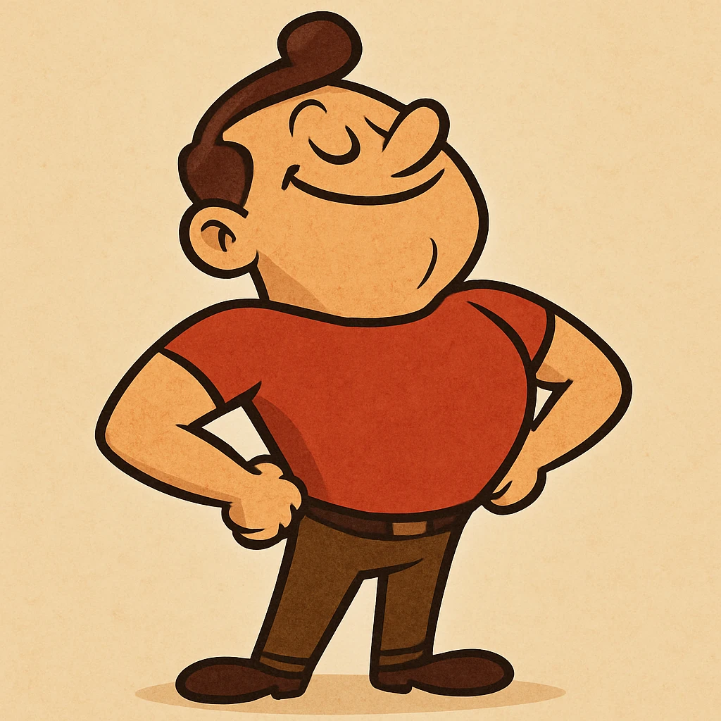cartoon character with a puffed chest, hands on hips, looking proud emoji