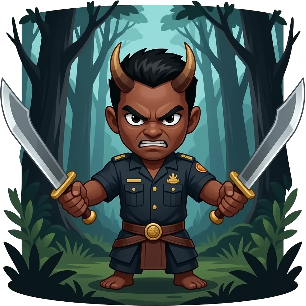 savage Thai demon warrior (Basic), dark skin, fierce look, holding twin daggers, simplified uniform, emerging from shadows, dark forest background, card game style. emoji