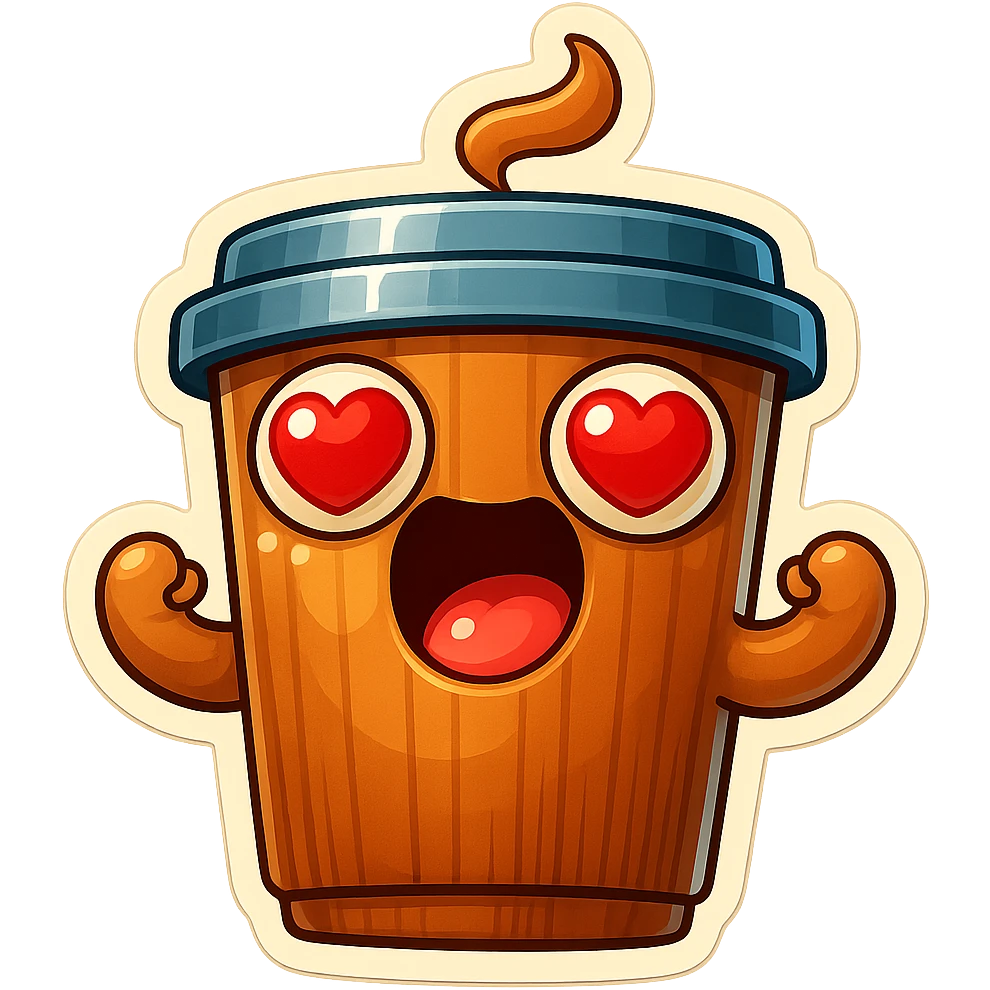 coffee cup creature, big heart eyes, dopey smile emoji