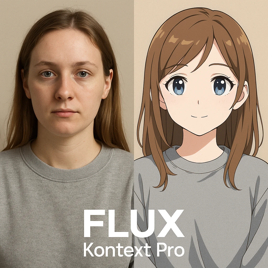 create before after image of a girl before is realsitic photo, after is anime version of her in same pose and clothes, add logo with text of a "FLUX Kontext Pro" emoji