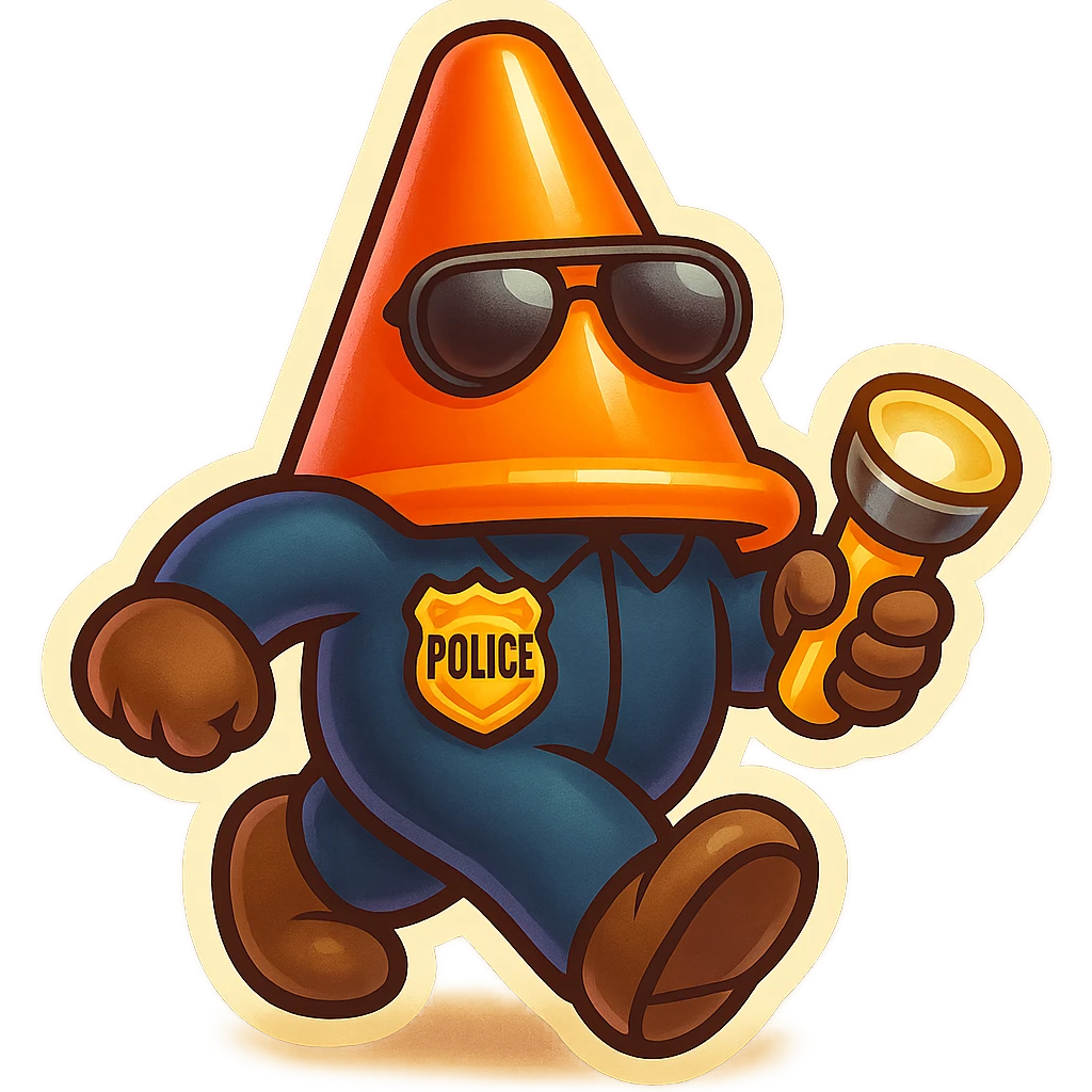 Create emoji-style variation of a pylon cone head character with a police badge, holding a flashlight, in a dynamic walking pose. Transparent background. emoji