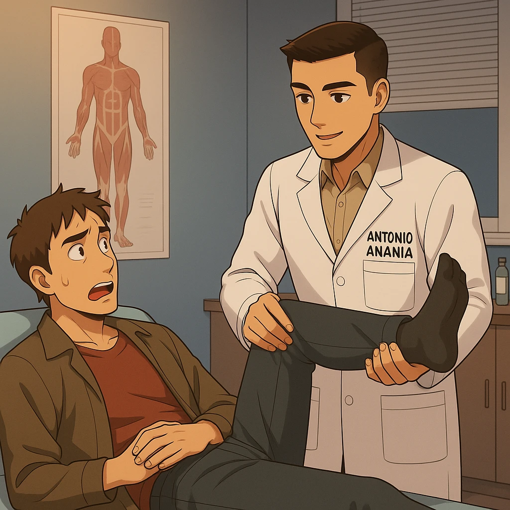fai un webtoon manga a colori con questo stile, in cui un uomo è steso sul lettino medico e il kinesiologo con il camice bianco (fagli anche la scritta "ANTONIO ANANIA" SUL CAMICE, gli solleva una gamba per fargli il test neuromuscolare, IL KINESIOLOGO SPIEGA ALL'UOMO UNA cosa mentre gli alza la gamba. non fare i fumetti però, fai solo in modo che sembri stiano parlando emoji