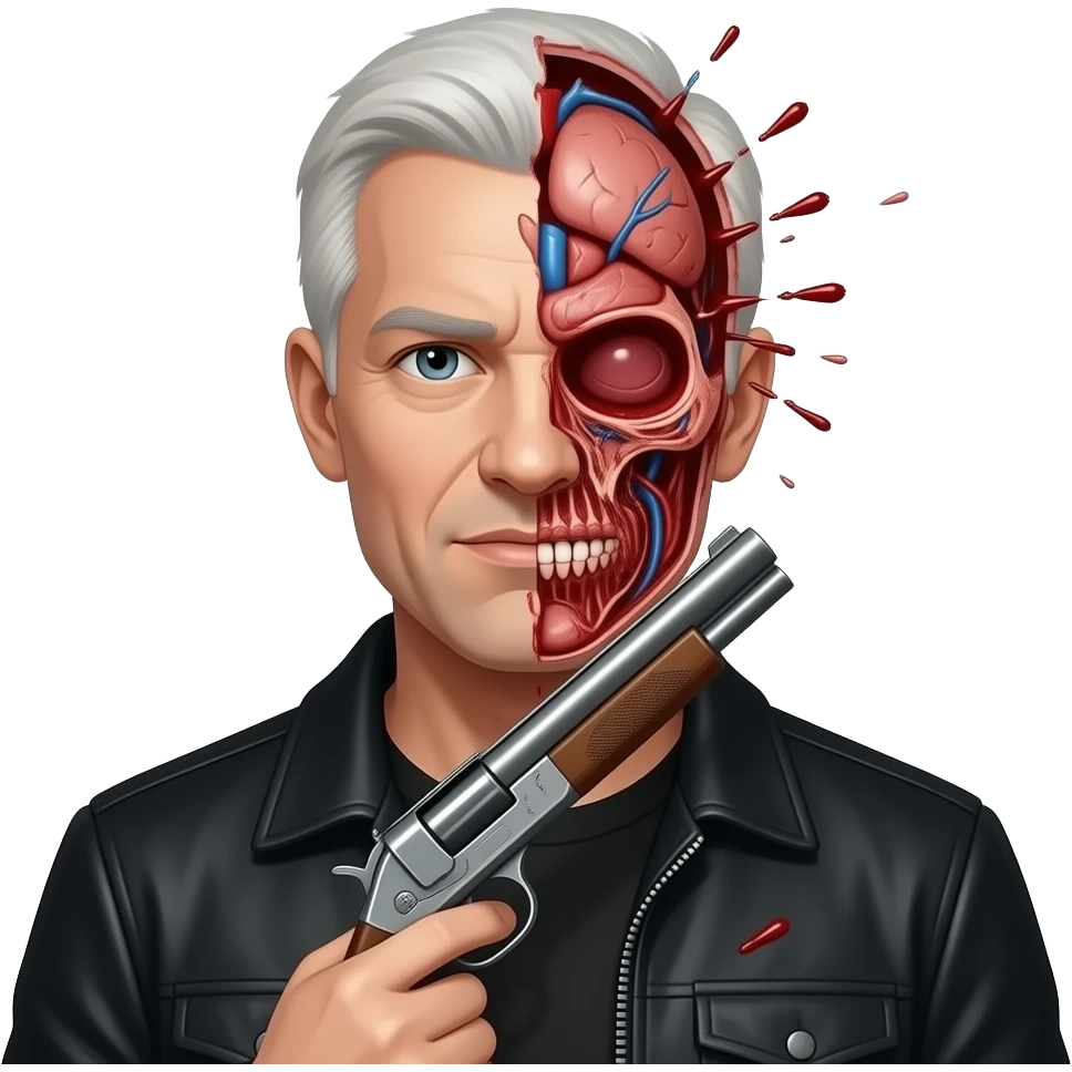 A white guy with a black jacket, his head completely gone and exploding, being very bloody and showing his insides, with a shotgun pointing up under his chin emoji