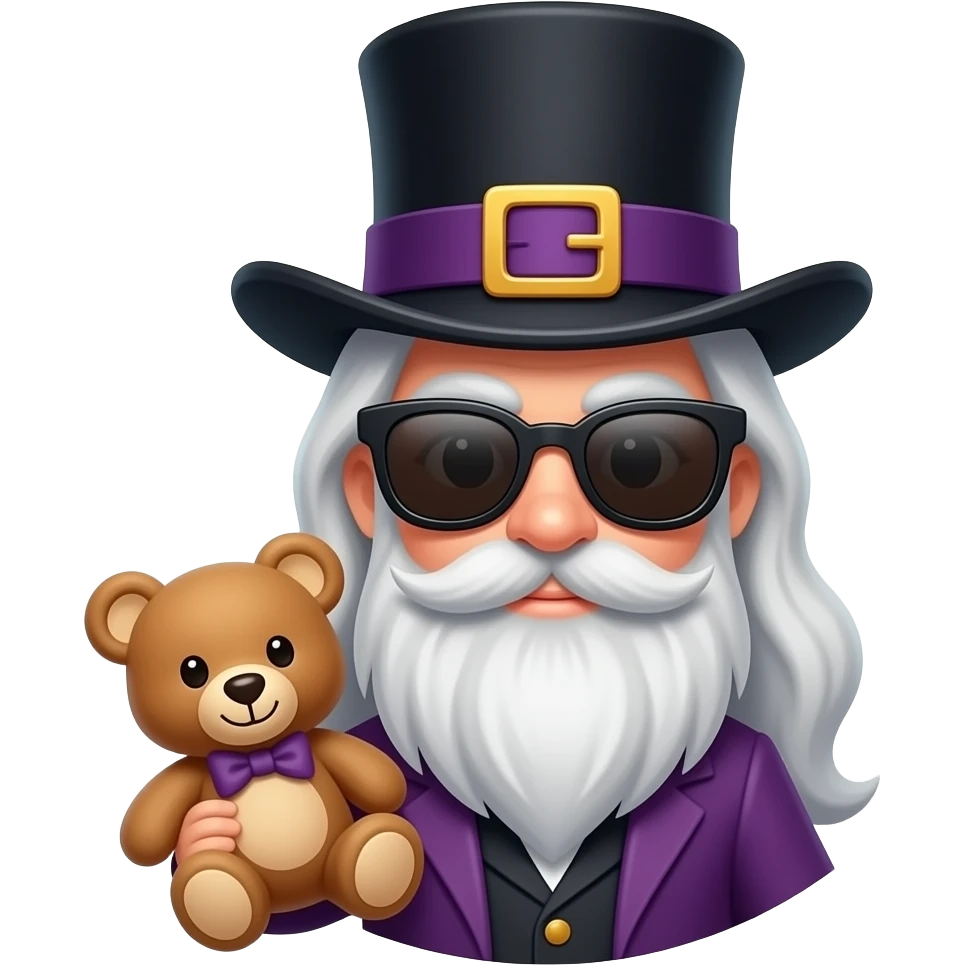Wizard with sunglasses with a tophat on his head and with a teddy bear in his hand emoji