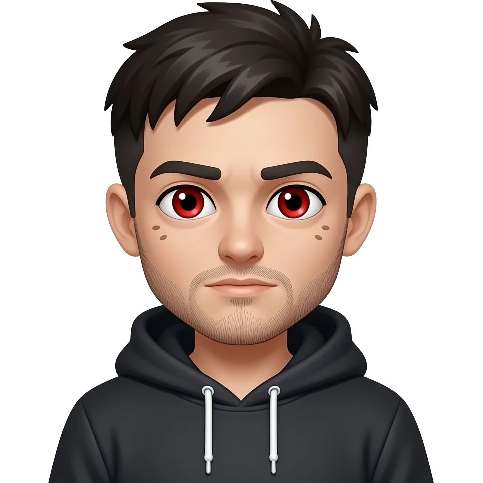 centered emoji zombie boy, short dark hair, light beard, hoodie, red eyes, dark circles, black background emoji