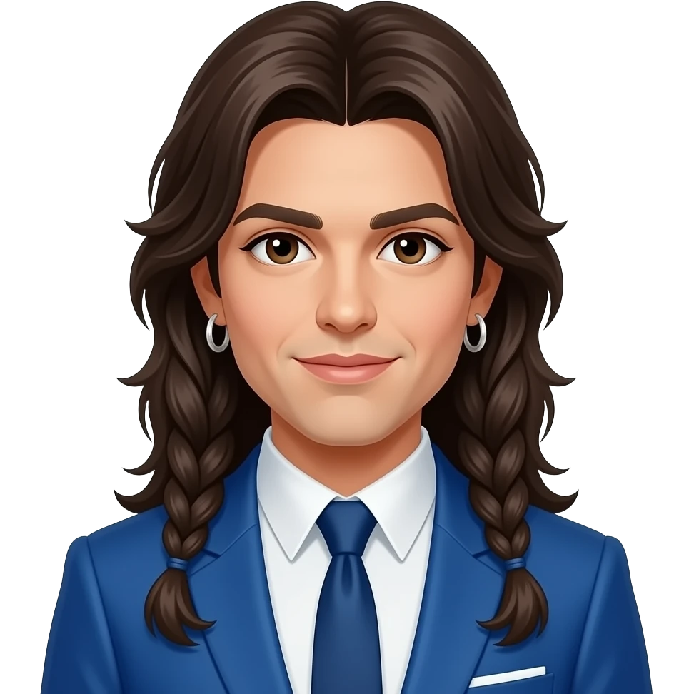 Fab Morvan from Milli Vanilli with dark brown eyes, long dark brown shoulder-length braids, blue 80s new romantic suit, earrings emoji