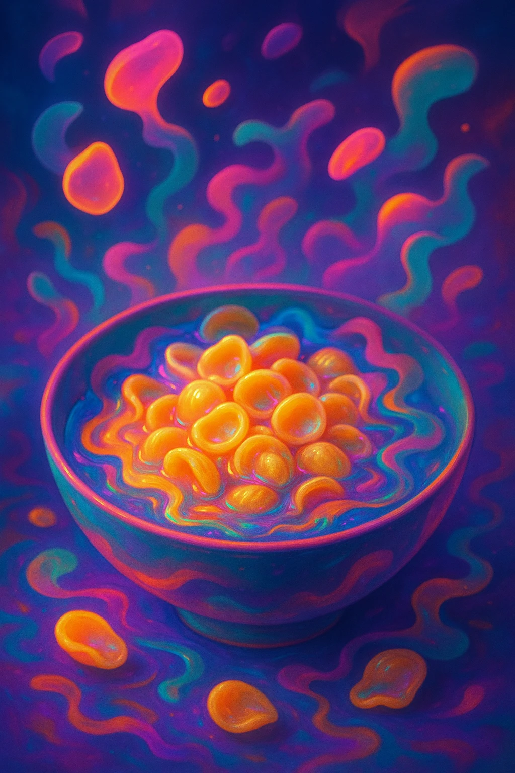 a surreal bowl of orecchiette pasta, dreamlike, floating shapes, unexpected colors, imaginative details emoji
