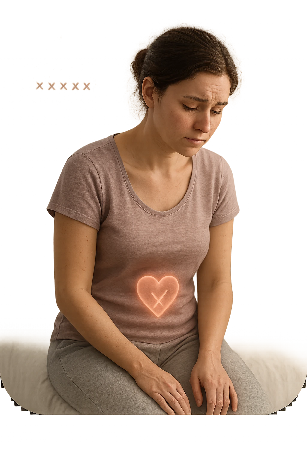 3D realistic medical illustration: a young woman in her 20s or 30s sits on the edge of a bed in a softly lit bedroom, looking thoughtful and slightly concerned. She wears comfortable loungewear, her posture is slouched, and her expression is subdued. Subtle visual cues—such as a faded calendar with missed menstrual cycles and a dimmed heart or energy icon near her abdomen—symbolize low libido and amenorrhea. The scene is realistic, intimate, and empathetic. emoji