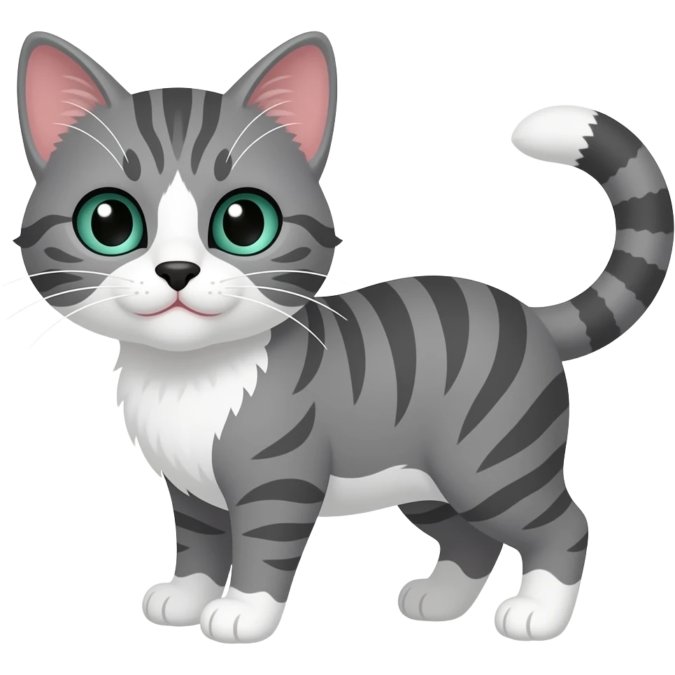 A grey tabby kitten with a black nose, a white muzzle, white chest and white belly, white paws, a white tip on the end of its tail and dark teal green eyes. emoji