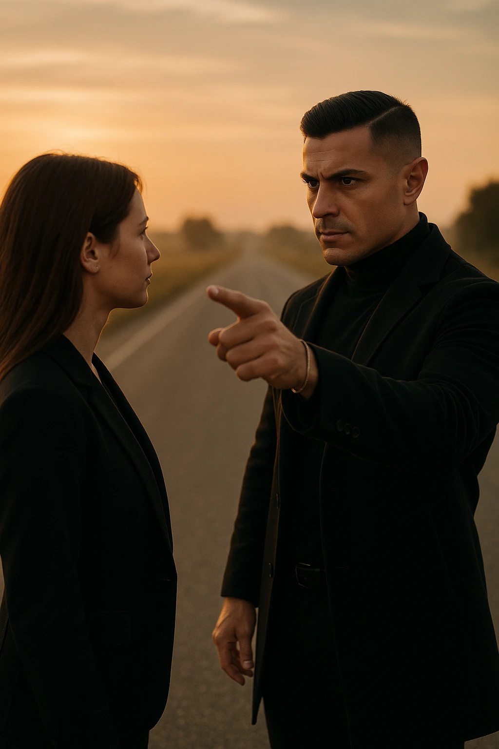 Cinematic photo of a confident man giving clear direction to a woman, standing in front of her with a firm but calm expression, pointing forward as if showing her the path to follow. The man is dressed in a dark jacket, embodying the role of a commander, while the woman looks at him attentively, ready to follow. The setting is an open road at sunrise with soft golden light, symbolizing new beginnings and leadership. Shot from a side angle, capturing both profiles with a clear view of his guiding gesture. emoji