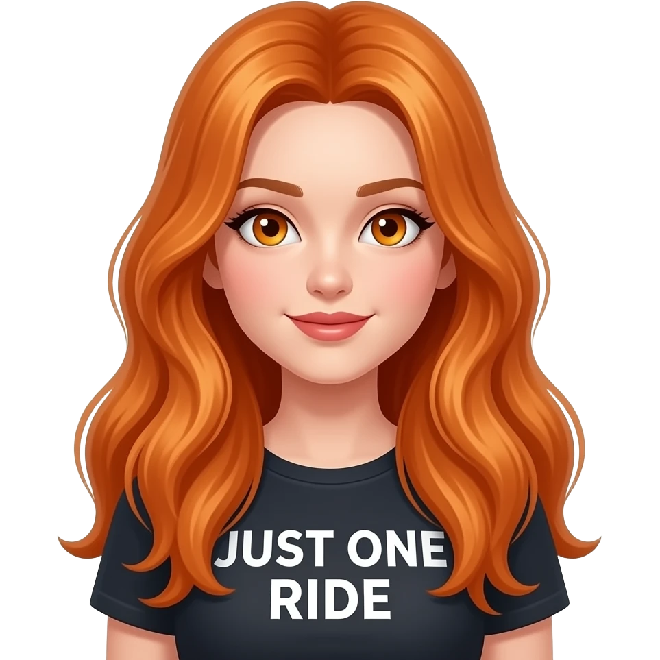 sexy girl with overlong ginger hair and ginger eyes a top with JUST ONE RIDE written on it emoji