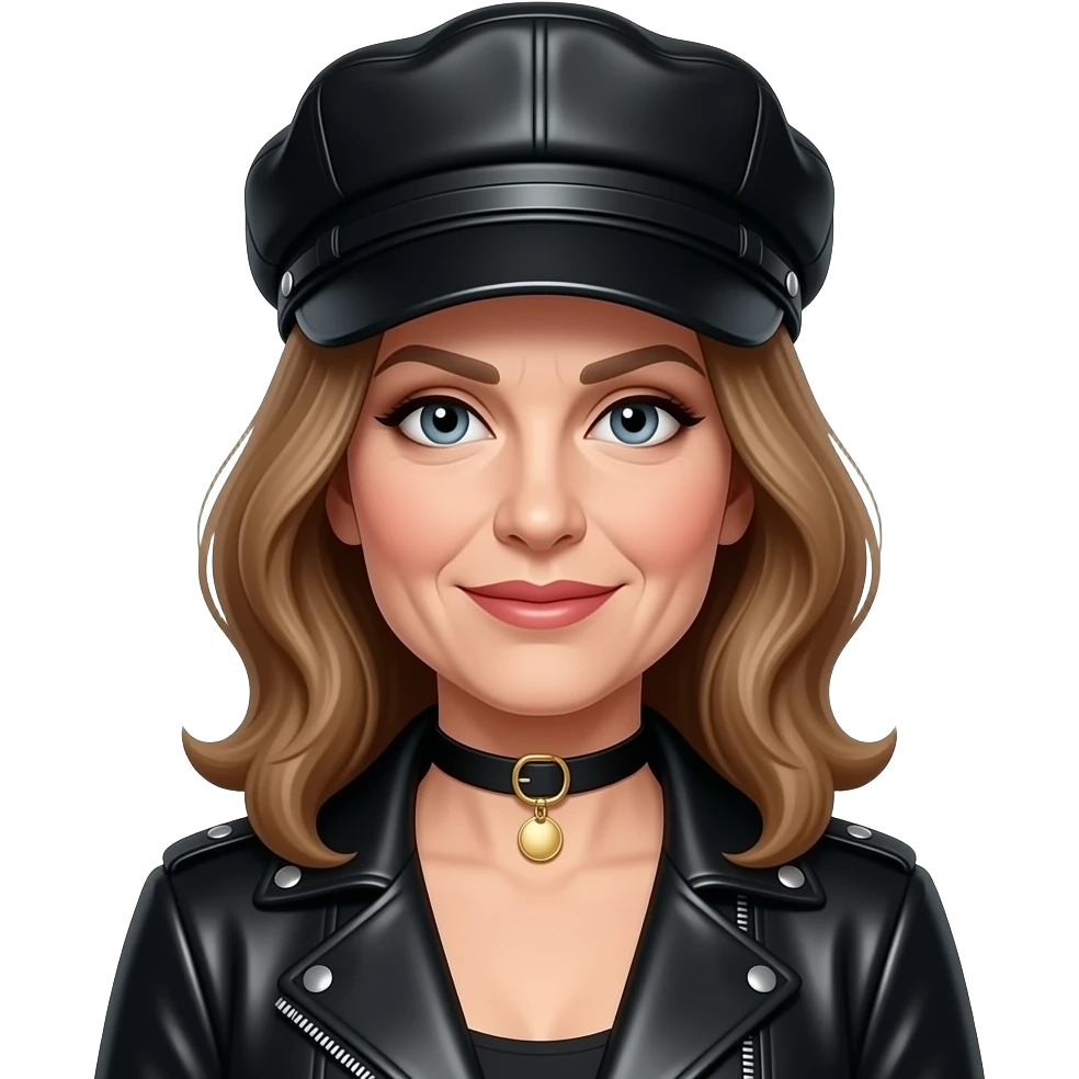 a leather Dom lesbian woman in her 40s with a black leather cap and black leather jacket emoji