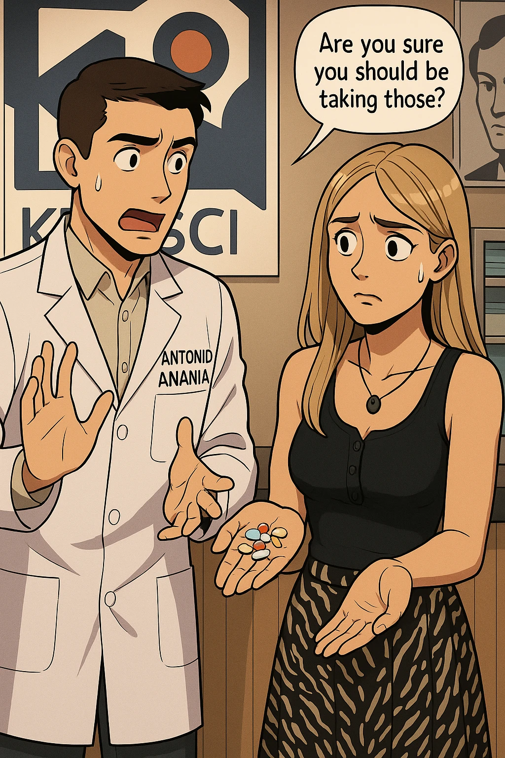 fai un webtoon/manga a colori con questo kinesiologo in camice bianco (fagli la scritta "ANTONIO ANANIA" SUL CAMICE) CHE PARLA CON QUESTA RAGAZZA. LA RAGAZZA HA UN PUGNO DI INTEGRATORI IN MANO (TANTE PILLOLE DIVERSE) E LE GUARDA DUBBIOSA. IL KINESIOLOGO CON IL CAMICE BIANCO LE DOMANDA UNA COSA SCIOCCATO. NON FARE I FUMETTI, FAI SOLO LORO COME SE DIALOGASSERO emoji