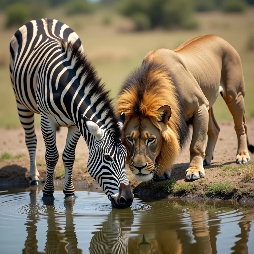 zebra and lion drinking water from pond emoji